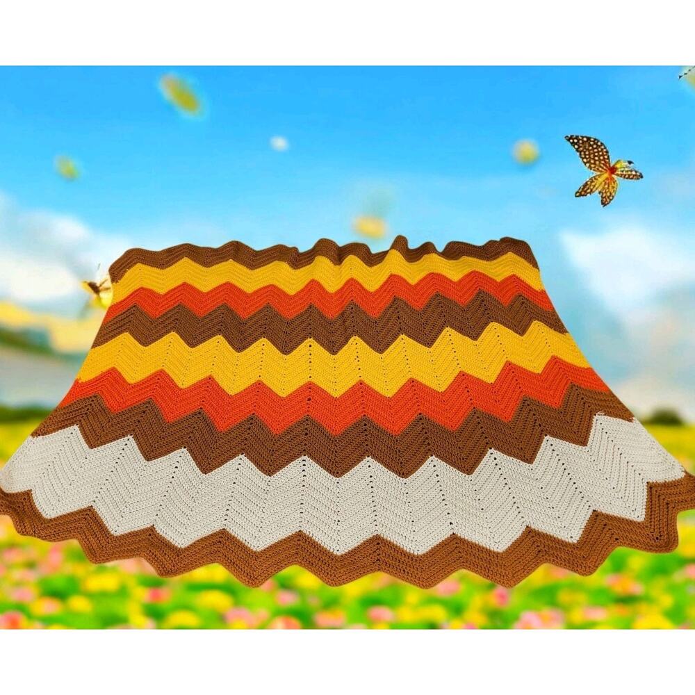 Vintage Handmade 70s 80s Crochet Chevron Blanket Grandma Afghan 58" x 40"